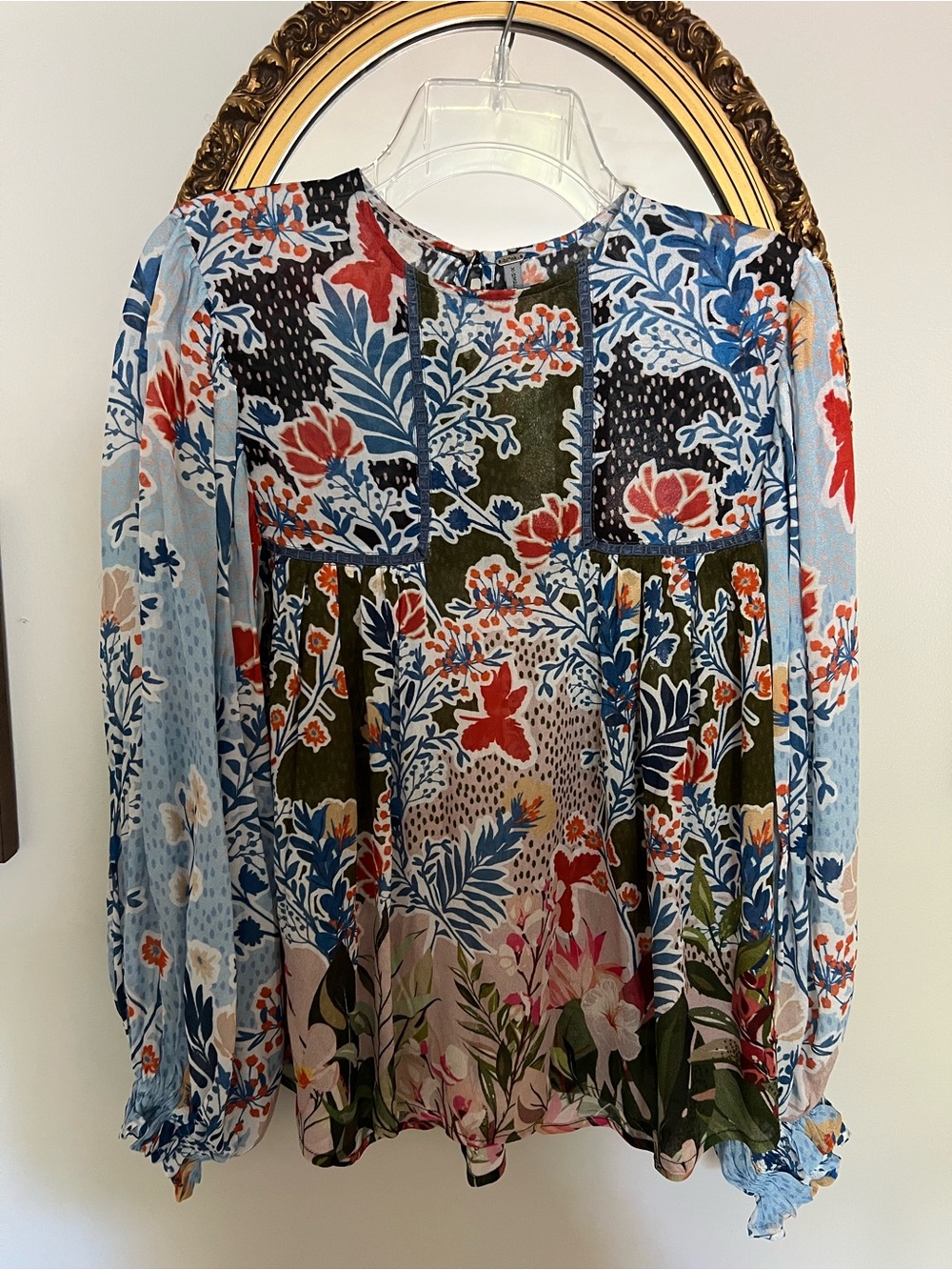 Anthropologie Floral Patchwork Peasant Blouse — Blue Multi